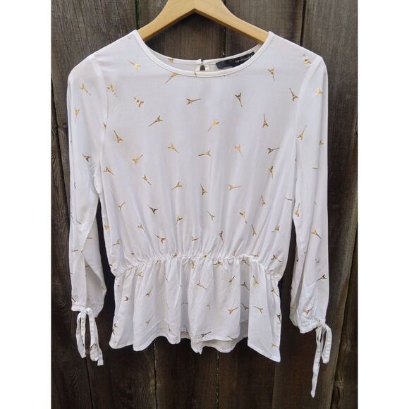 New Harve‎ Benard Scoop Neck White & Gold Blouse M - Picture 1 of 7
